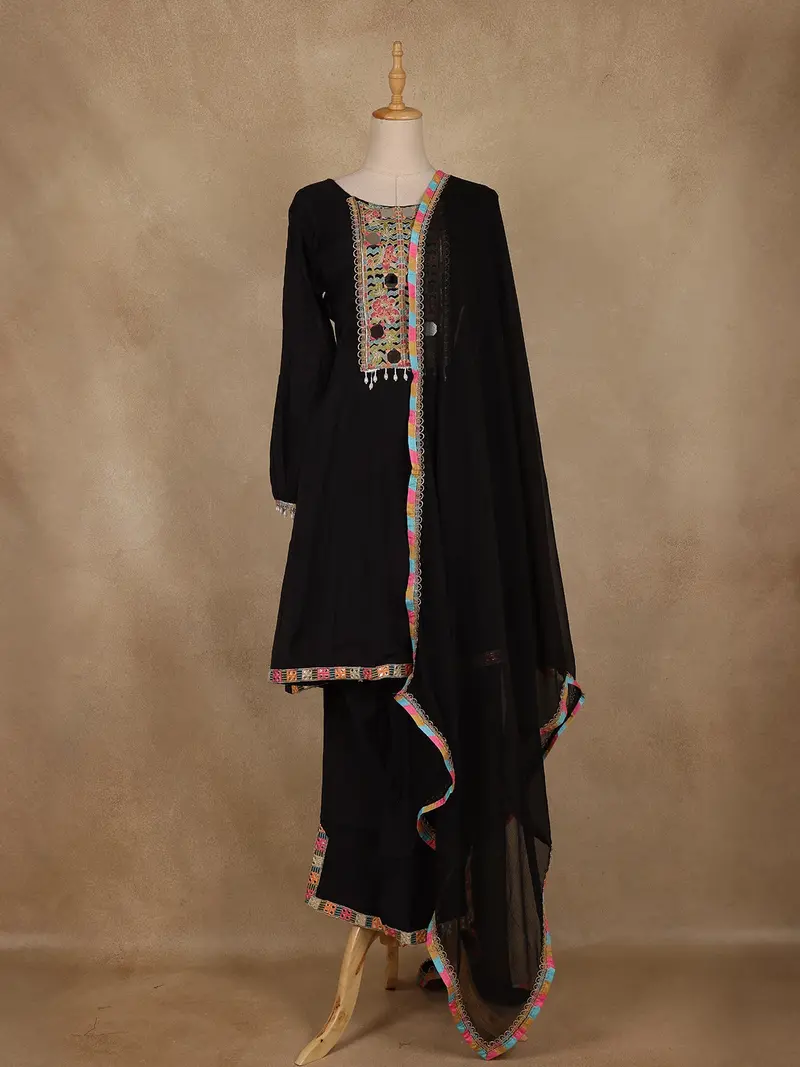 Black Mirror Work Embroidered Cotton Salwar Suit With Dupatta 1