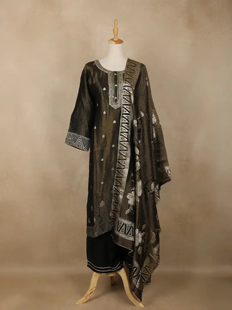 Black Motif Design Tissue Silk Straight Cut Salwar Suit 1