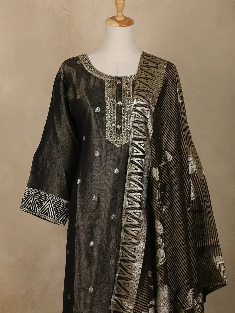 Black Motif Design Tissue Silk Straight Cut Salwar Suit 2