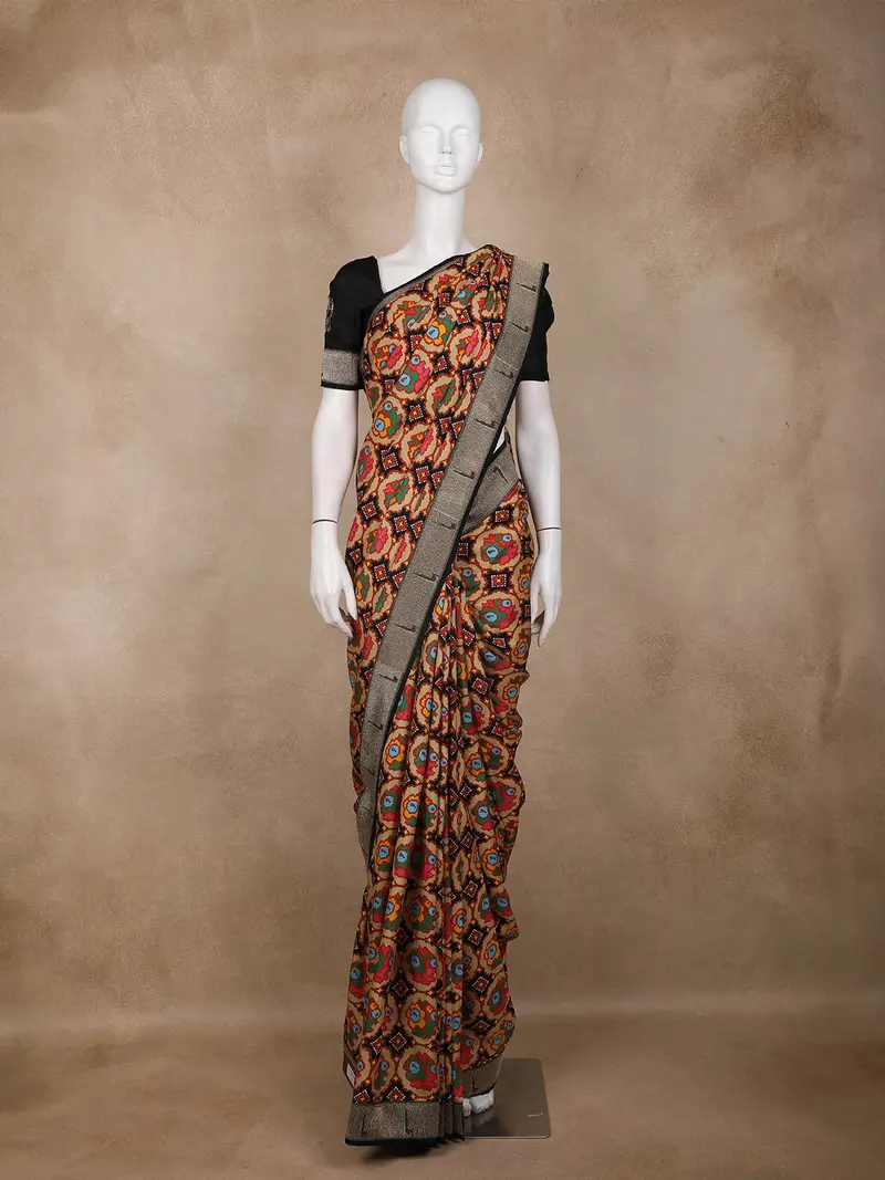 Black Multi-Color Abstract Printed Design Pure Tussar Saree With Contrast Zari Border 1