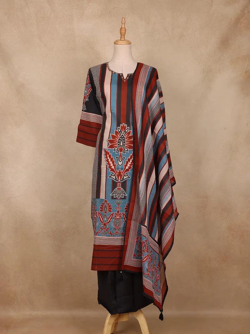 Black Multi-Stripe Floral Printed Cotton Salwar Suit With Dupatta 1