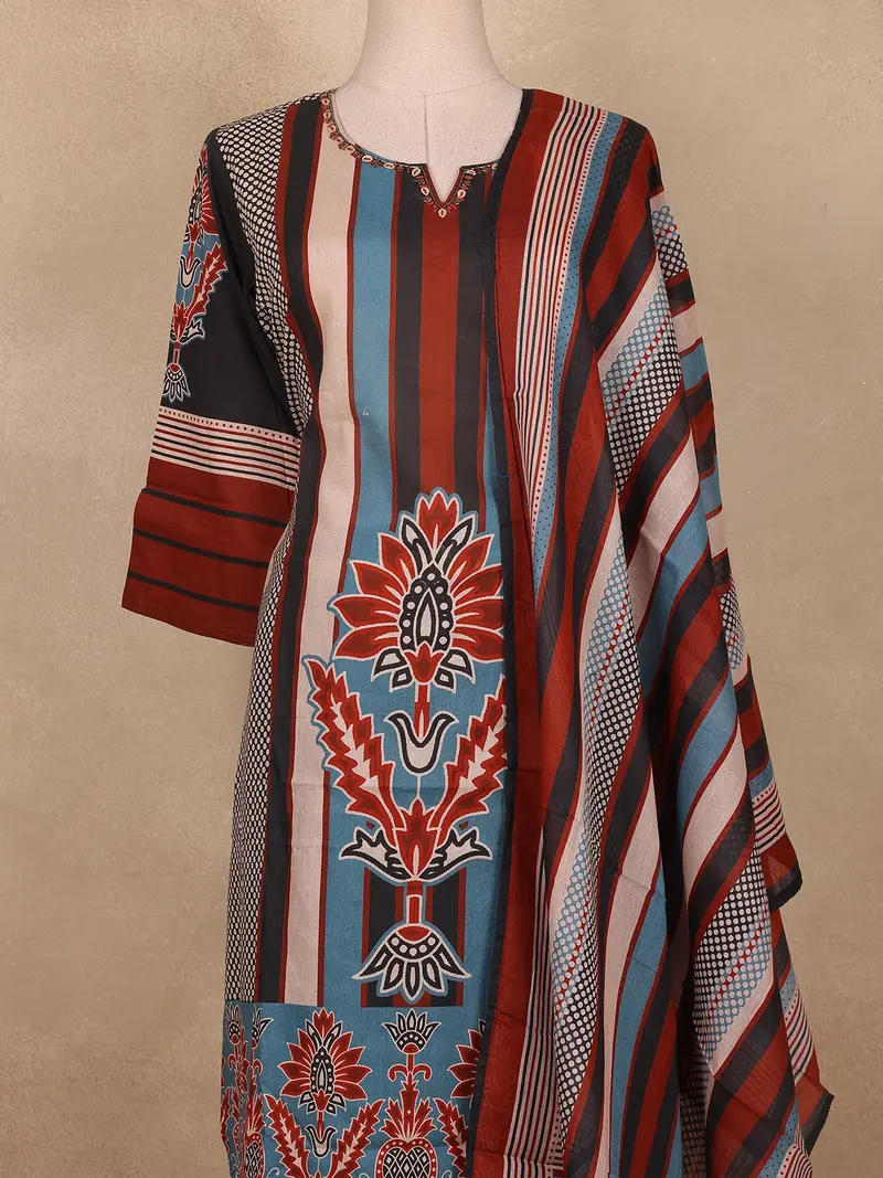 Black Multi-Stripe Floral Printed Cotton Salwar Suit With Dupatta 2