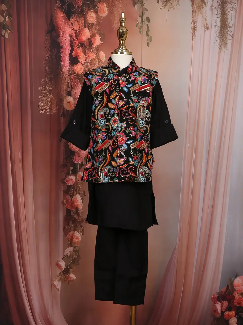 Black Multicolor Floral Embroidered Jacket Silk Kurta Set For Boys 1