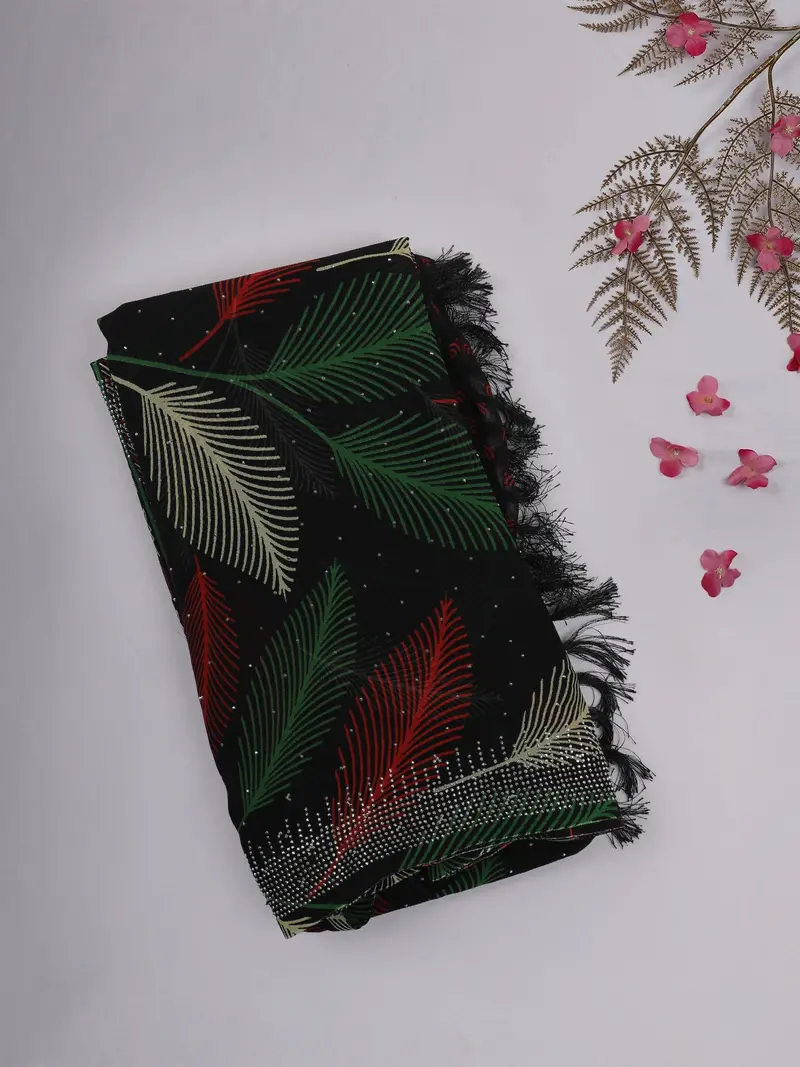 Black Multicolor Leaf Printed Chiffon Saree With Stone Embellished Border 1