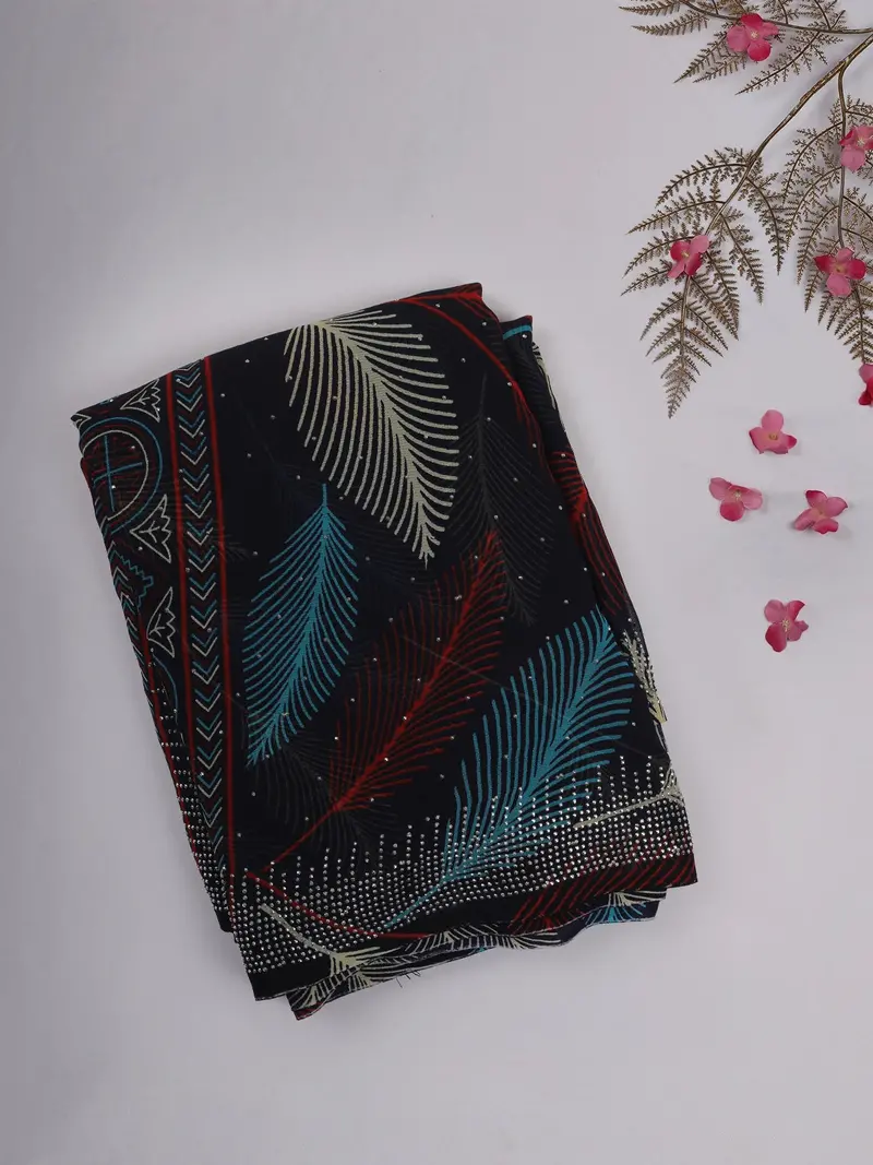 Black Multicolor Leaf Printed Chiffon Saree With Stone Embellished Border 1