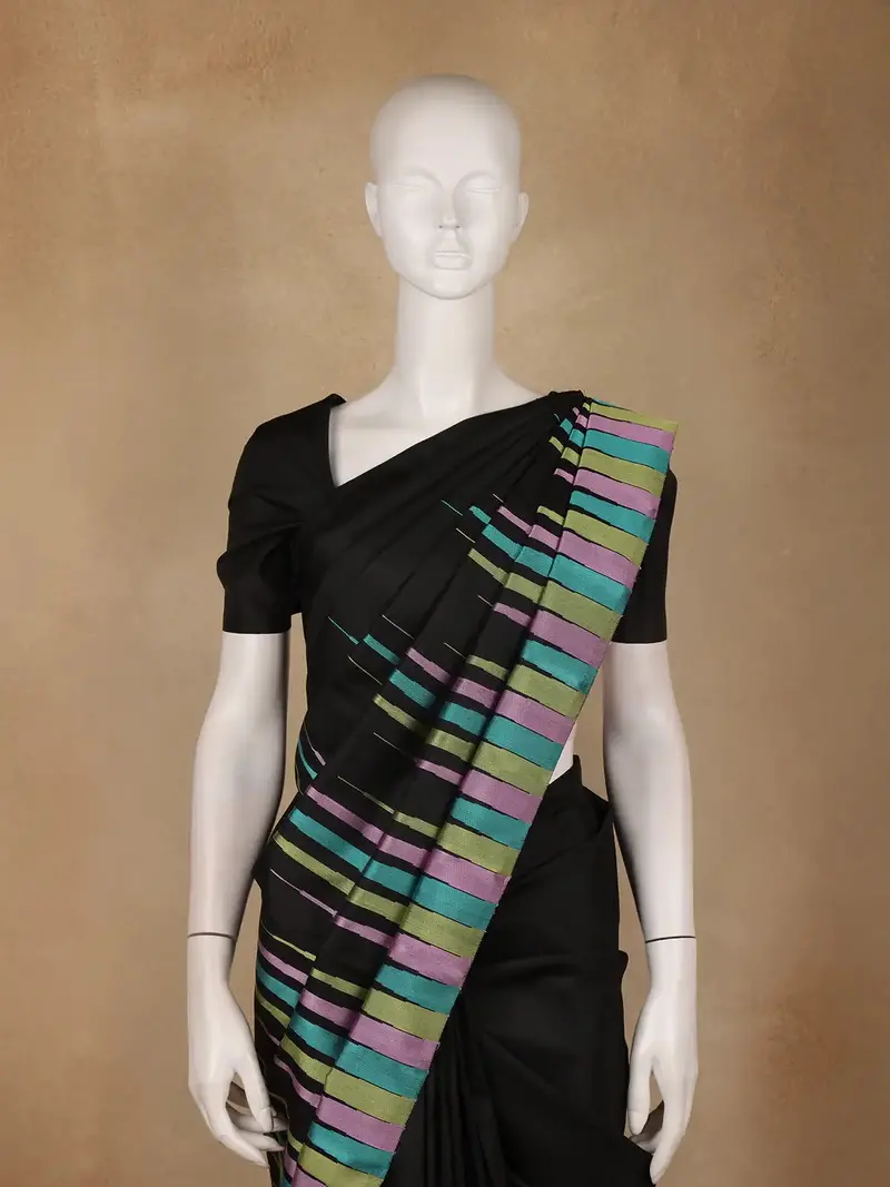 Black Multicolor Striped Design Silk Saree 1