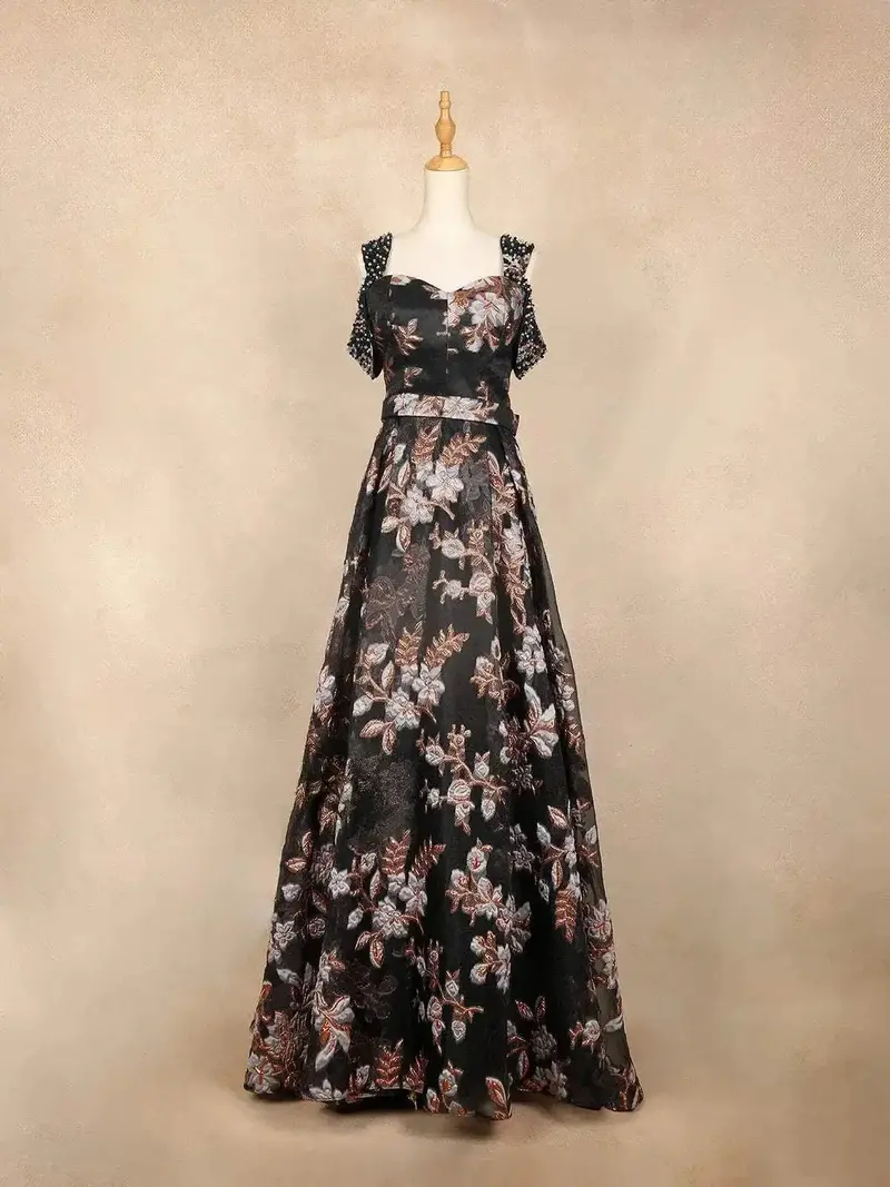Black Net With Flower Butta And Cap Sleeves Gown 1