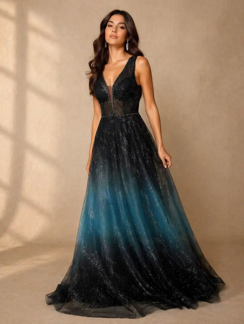 Black Net With Stones And Sleeveless Gown 1