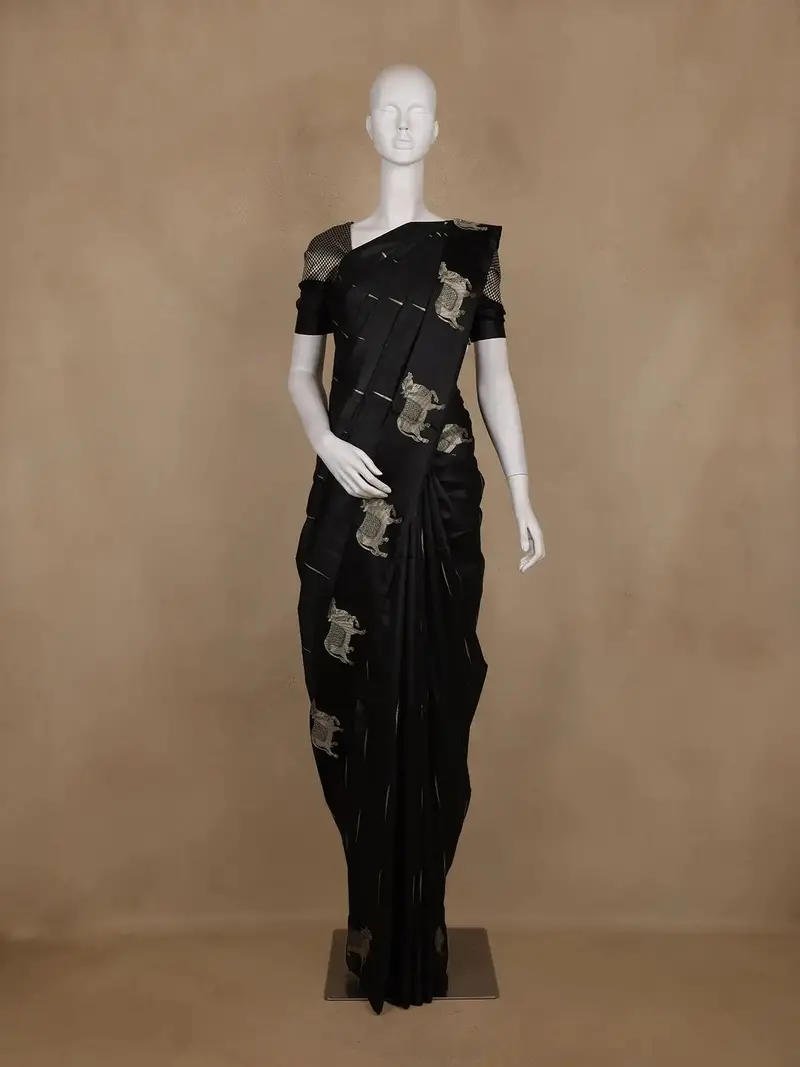 Black Obstacle Design Woven Semi Tussar Saree 1