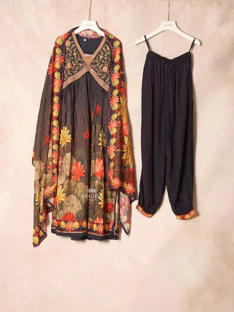 Black Organza Anarkali Salwar Suit With Floral Print And Embroidery With Dupatta 1
