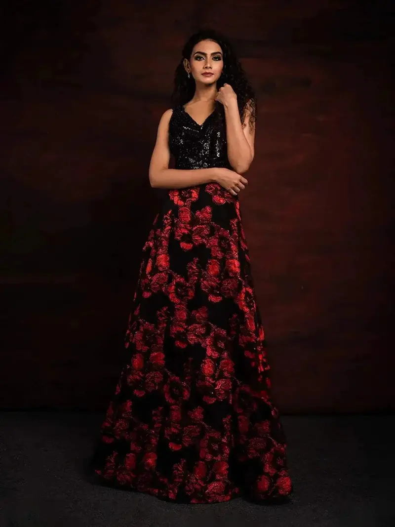 Black Organza With Sequins, Beads And Red Floral Embroidery Gown 1