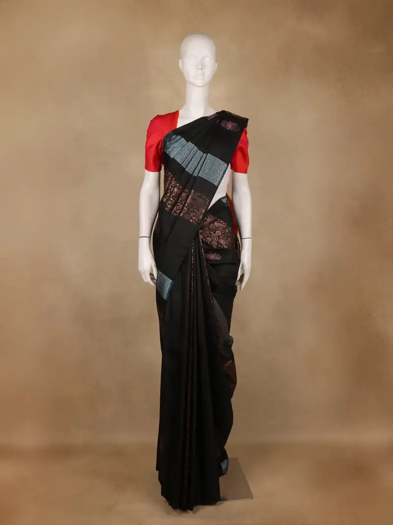 Black Paisley And Birds Motif Woven Design Pure Kanchipuram Silk Saree 1