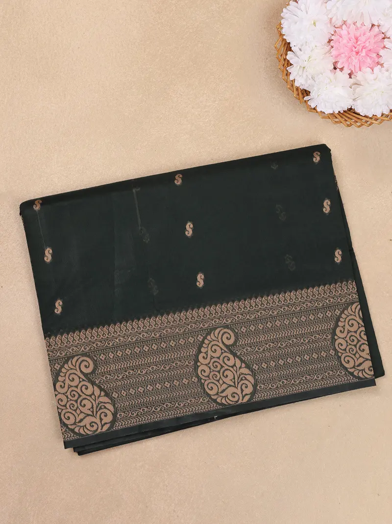 Black Paisley Butta Woven Design Cotton Saree With Self Border 1
