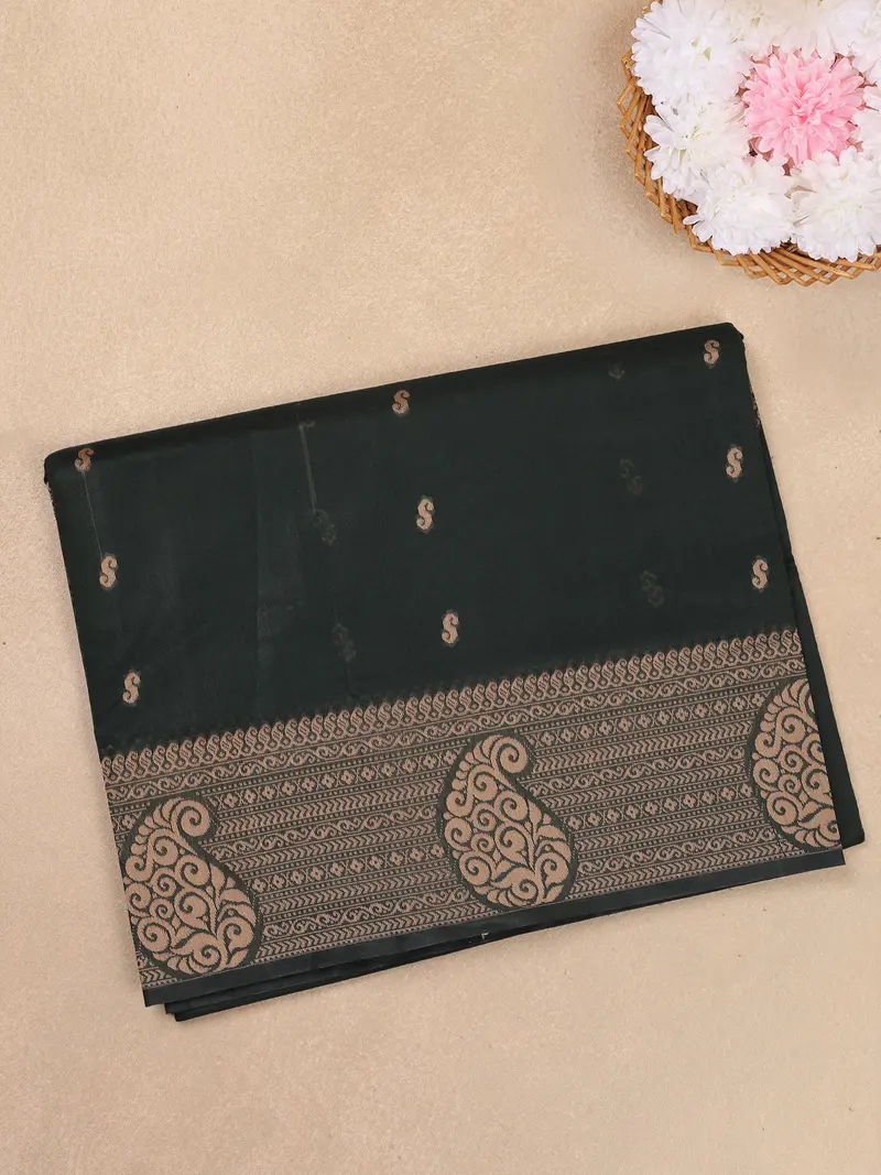 Black Paisley Butta Woven Design Cotton Saree With Self Border 2