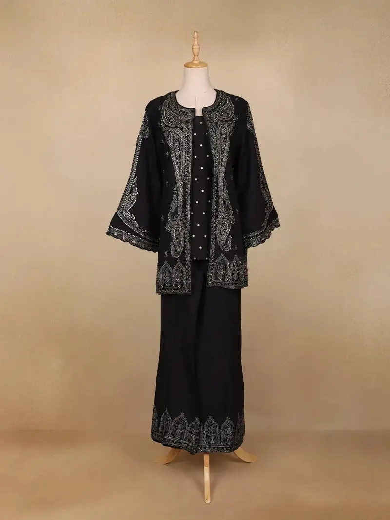 Black Paisley Embroidered Silk Palazzo Salwar Suit 1