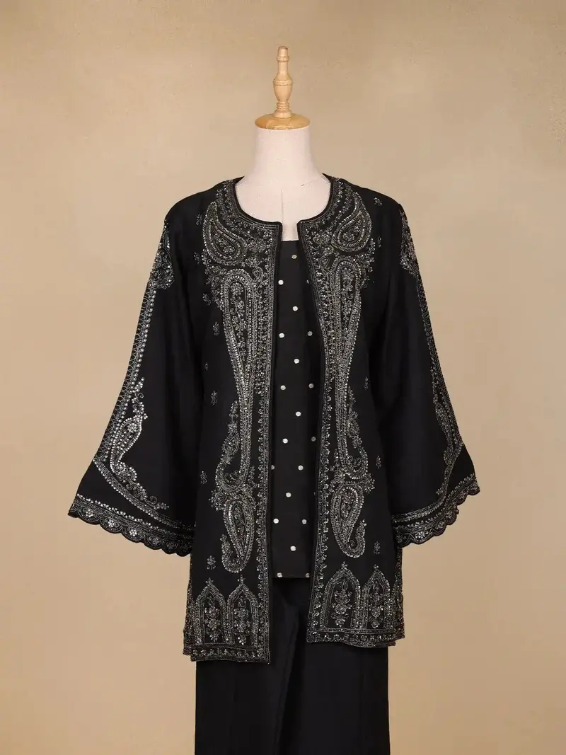 Black Paisley Embroidered Silk Palazzo Salwar Suit 2