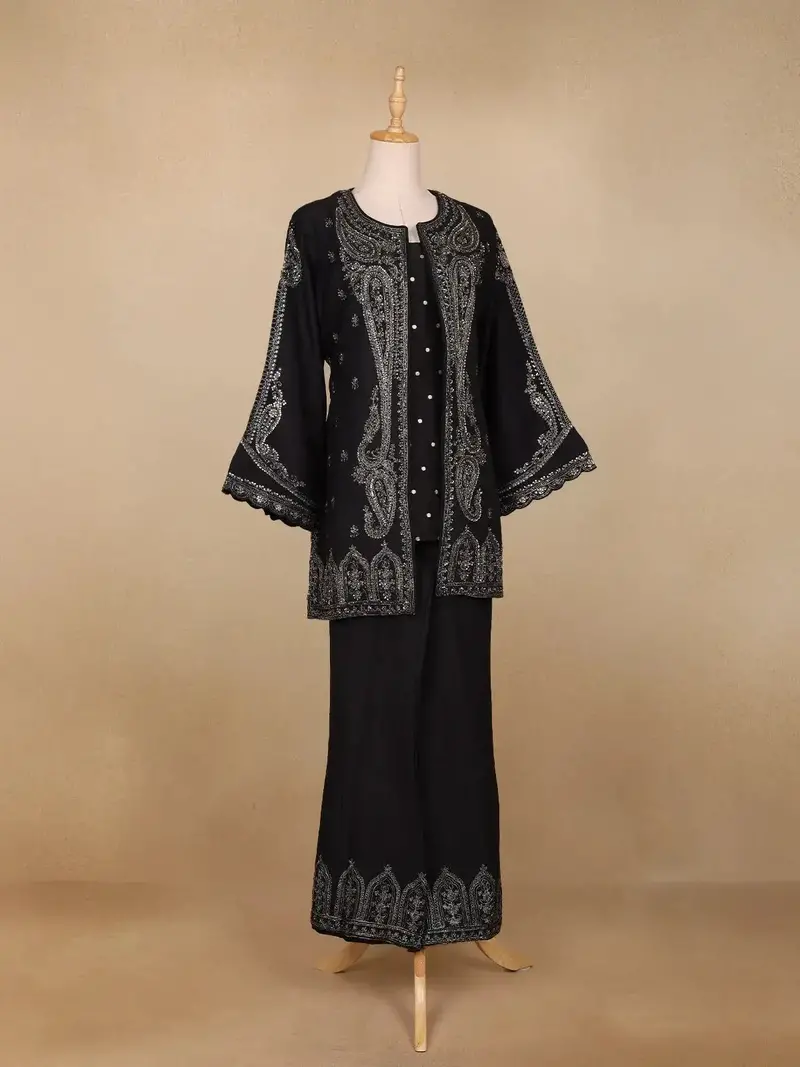 Black Paisley Embroidered Silk Palazzo Salwar Suit 3