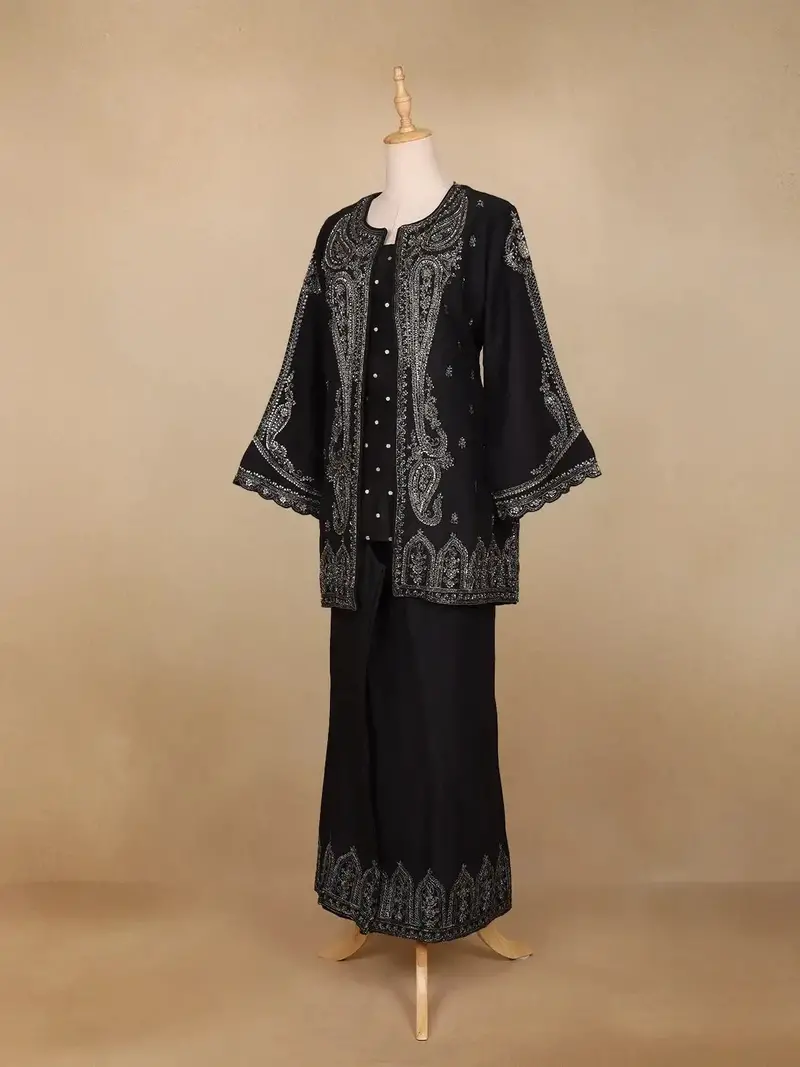 Black Paisley Embroidered Silk Palazzo Salwar Suit 4