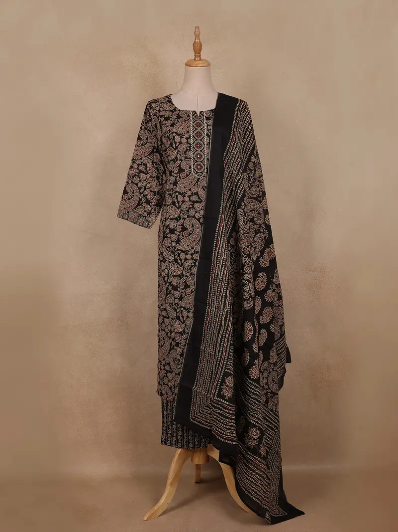 Black Paisley Printed Cotton Straight Cut Salwar Suit With Printed Dupatta 1