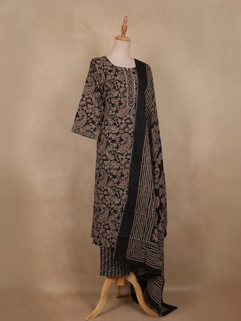 Black Paisley Printed Cotton Straight Cut Salwar Suit With Printed Dupatta 4