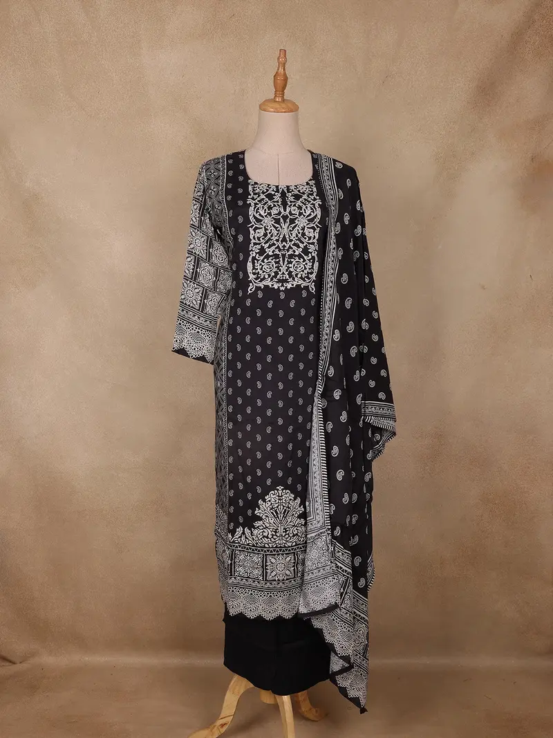 Black Paisley Printed Crepe Salwar Suit With Dupatta 1