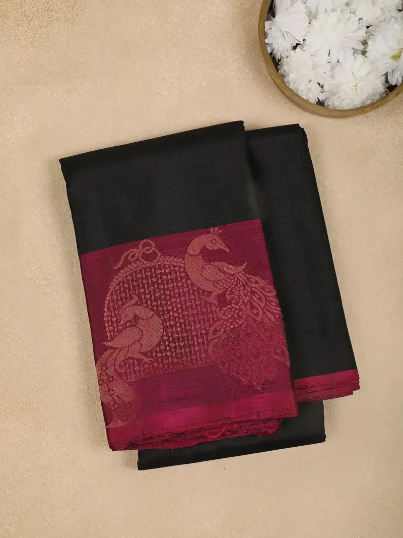 Black Peacock Motif Pure Kanchipuram Silk Saree 1