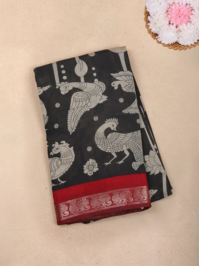 Black Peacock Printed Design Chanderi Cotton Saree With Contrast Zari Woven Border 1