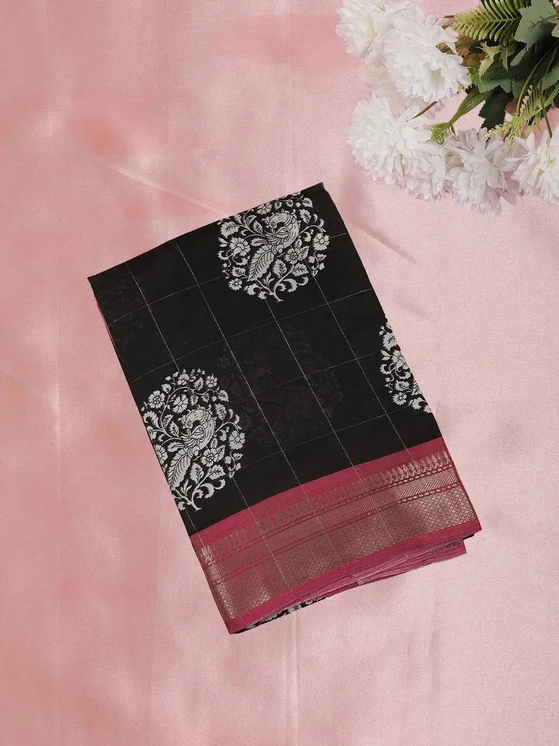 Black Peacock Printed Design Mixed Cotton Saree With Contrast Border 1