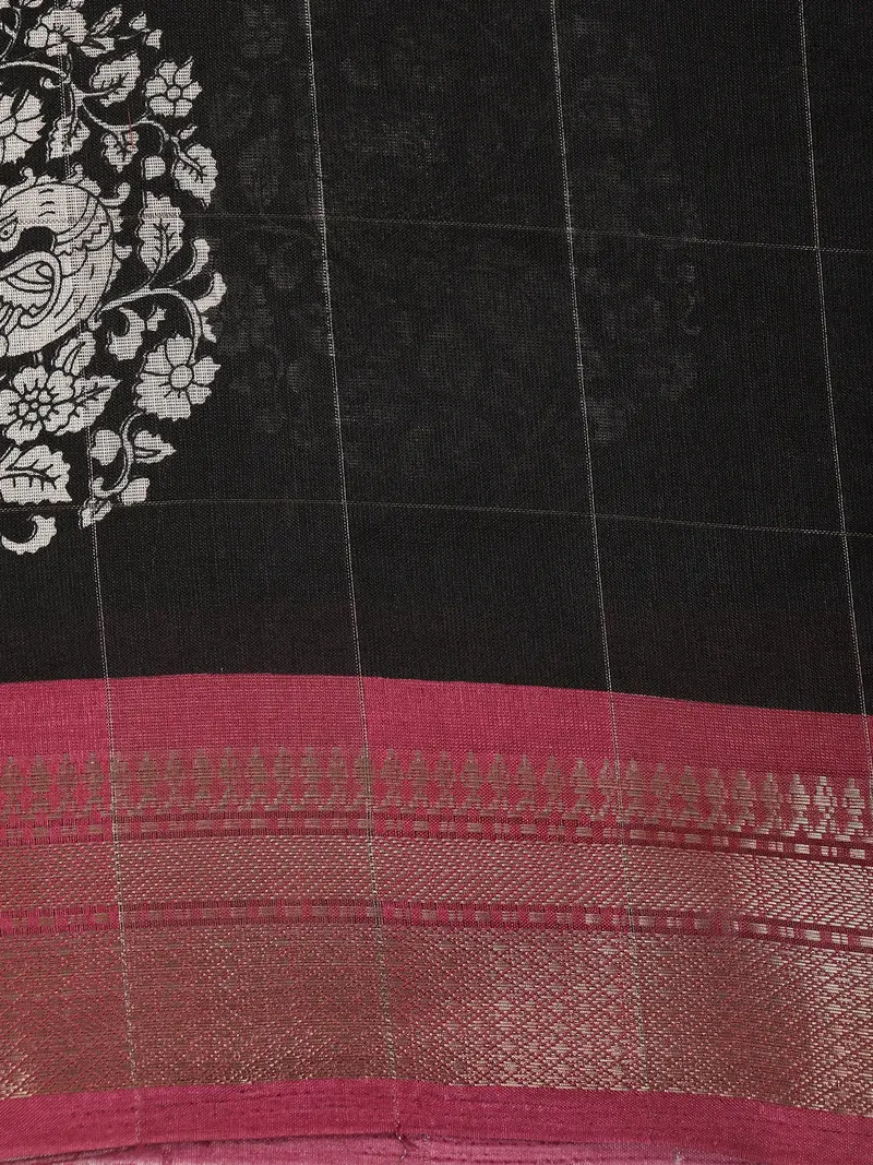 Black Peacock Printed Design Mixed Cotton Saree With Contrast Border 2
