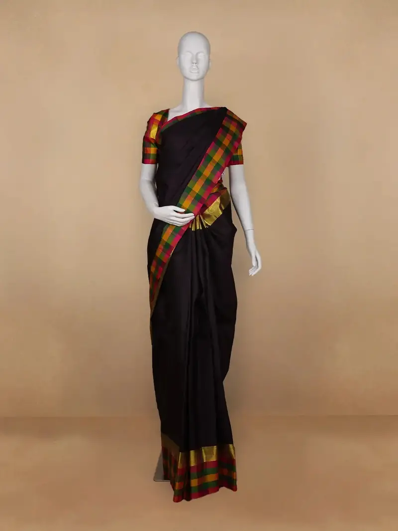 Black Plain Silk Saree With Multicolor Checks Border 1