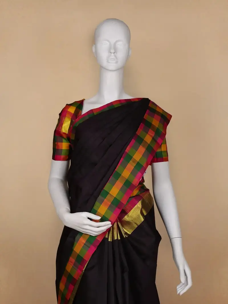 Black Plain Silk Saree With Multicolor Checks Border 2