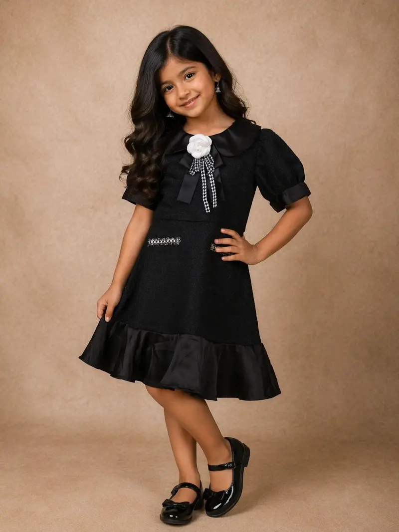 Black Puff Sleeve Textured Cotton Frock For Kids 1
