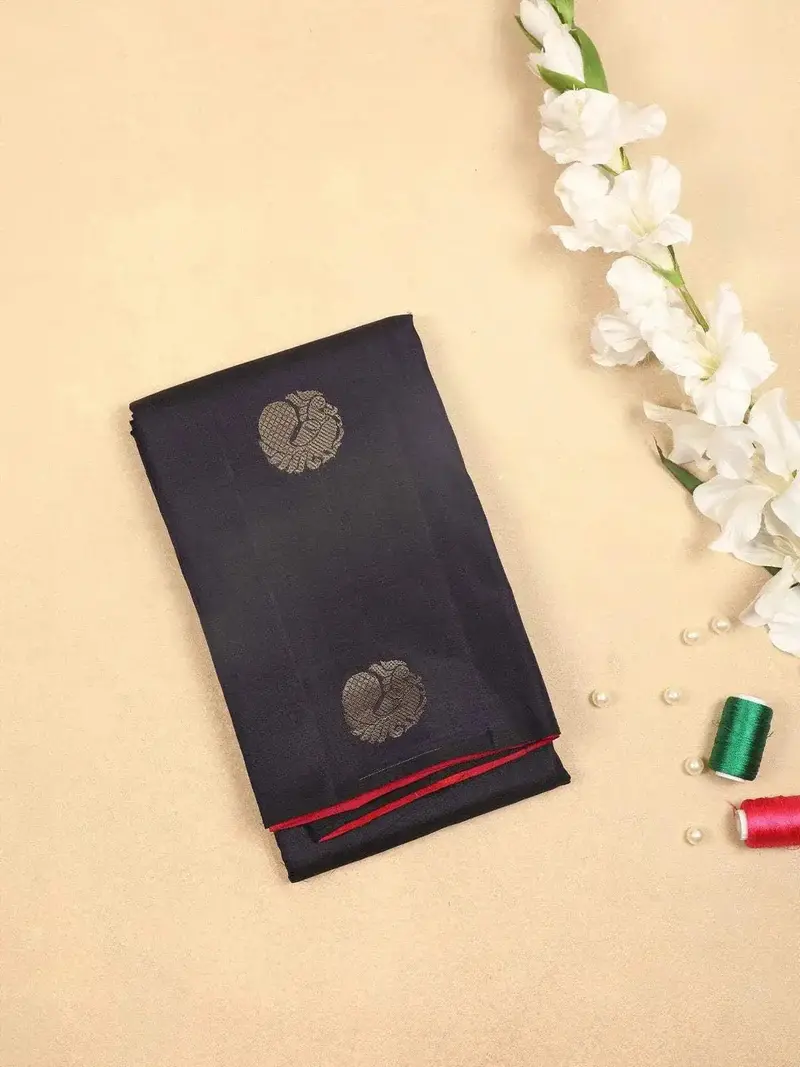 Black Pure Kanchipuram Bridal Silk Saree With Peacock Motifs On The Body And Without Border 1