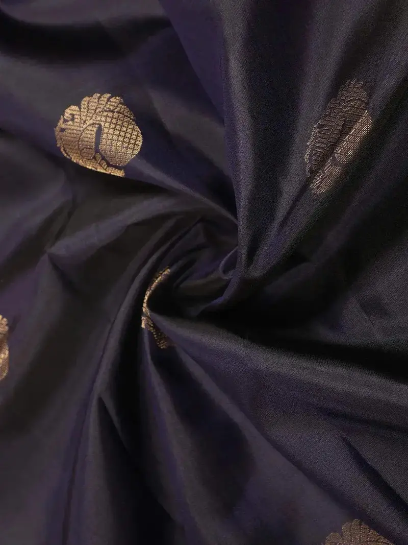 Black Pure Kanchipuram Bridal Silk Saree With Peacock Motifs On The Body And Without Border 2