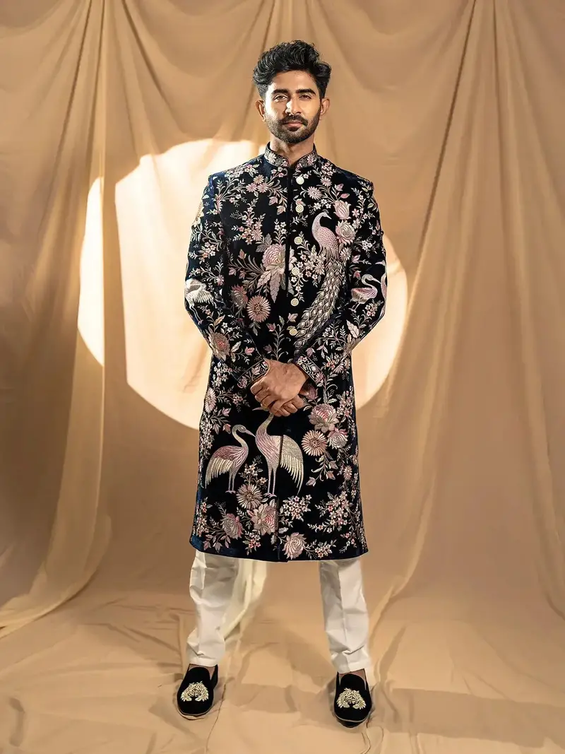 Black Raw Silk Floral Designed Sherwani Suit 1