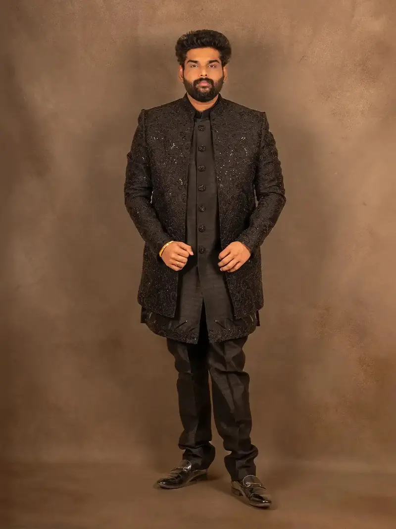 Black Raw Silk Floral Designed Sherwani Suit 1