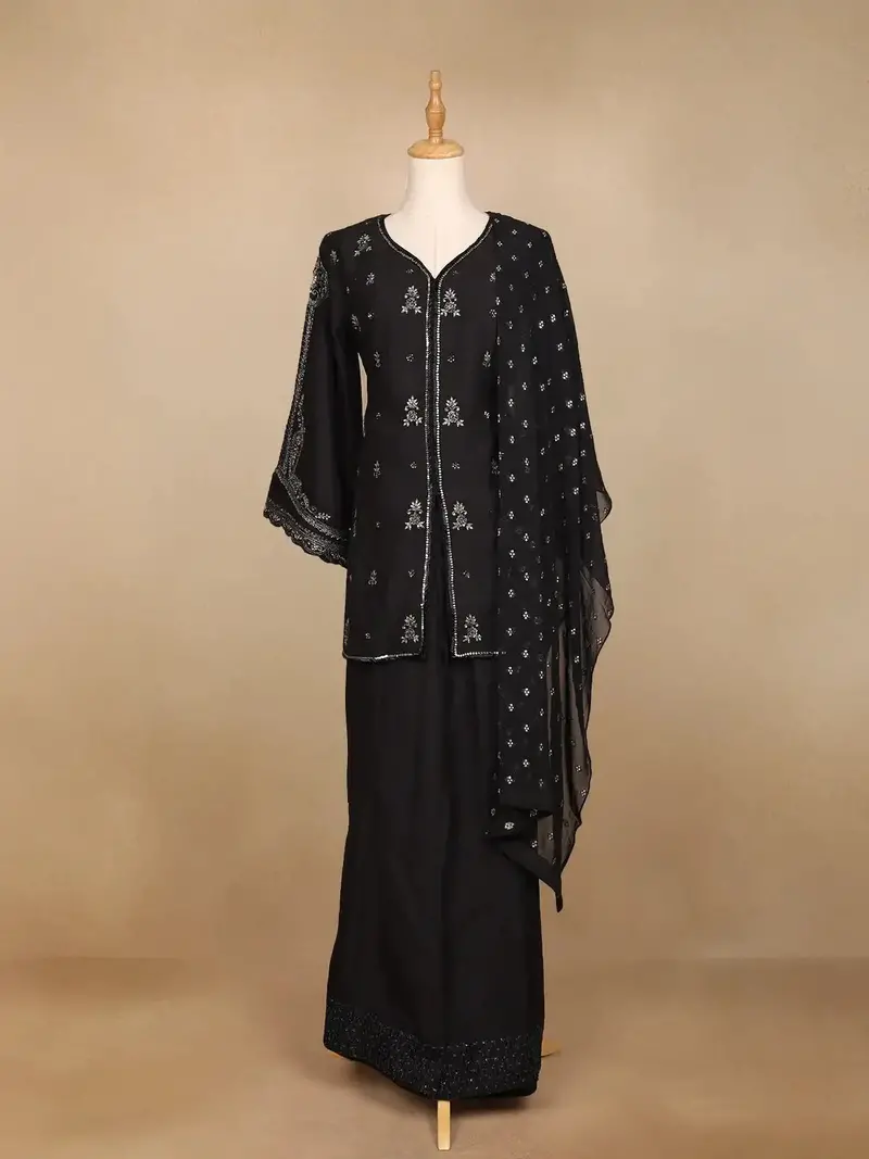 Black Raw Silk Palazzo Suit With Floral Embroidery Design 1