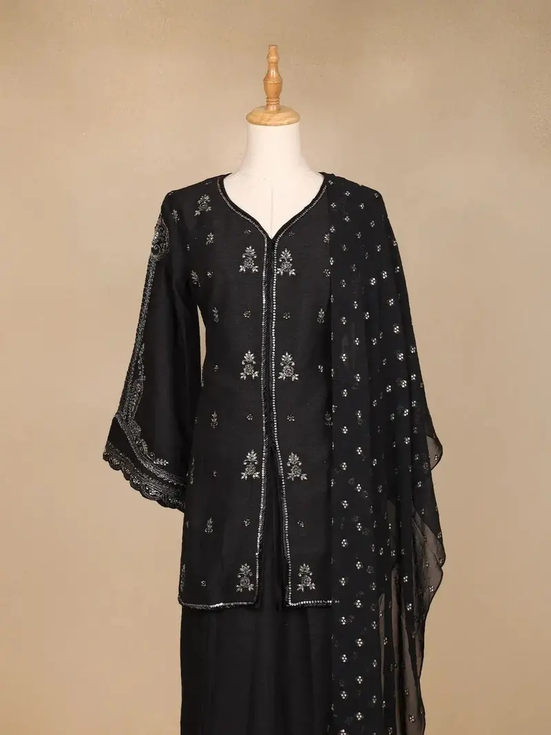 Black Raw Silk Palazzo Suit With Floral Embroidery Design 2