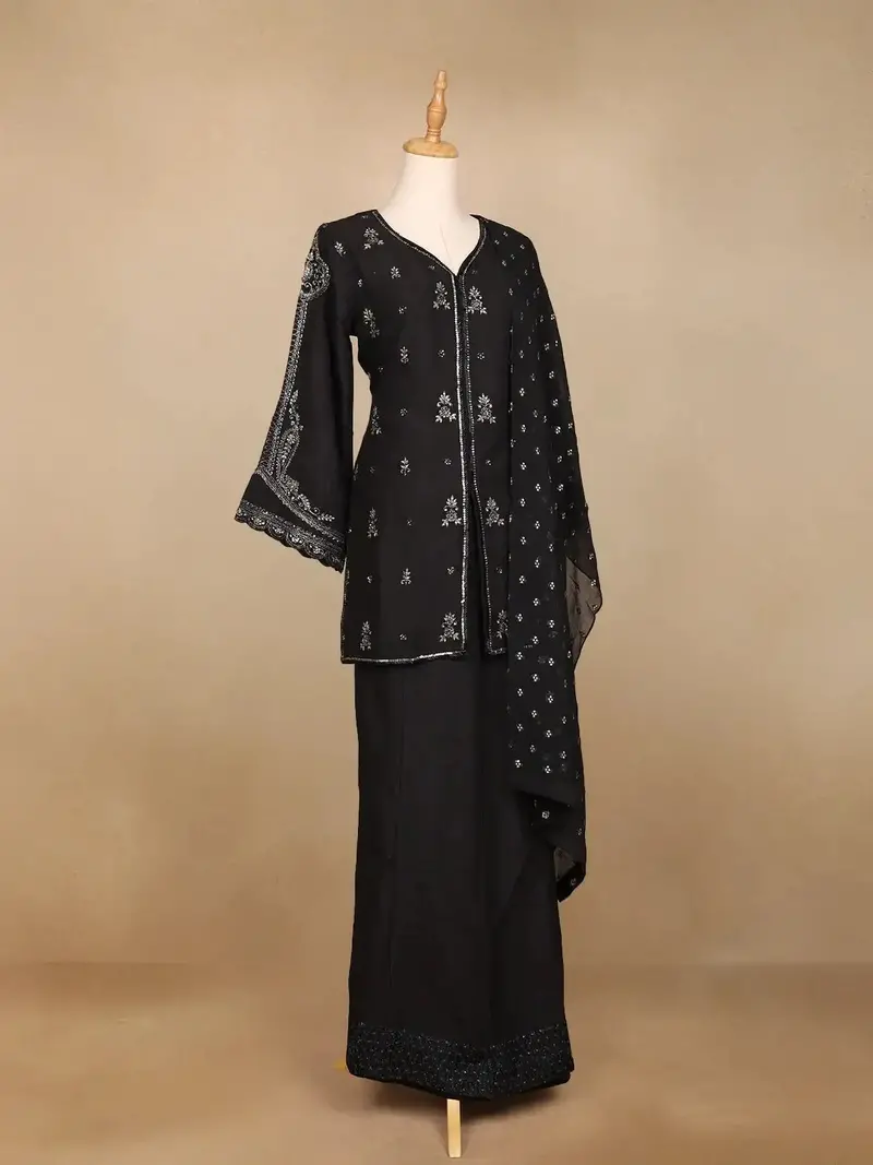 Black Raw Silk Palazzo Suit With Floral Embroidery Design 3