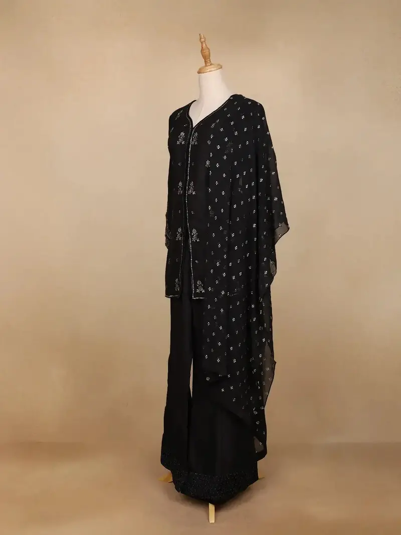 Black Raw Silk Palazzo Suit With Floral Embroidery Design 4