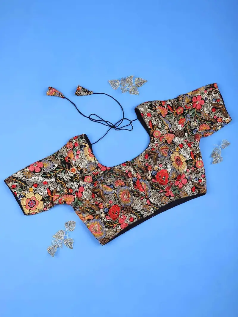 Black Readymade Silk Blouse Adorned With Floral Embroidery Design 1