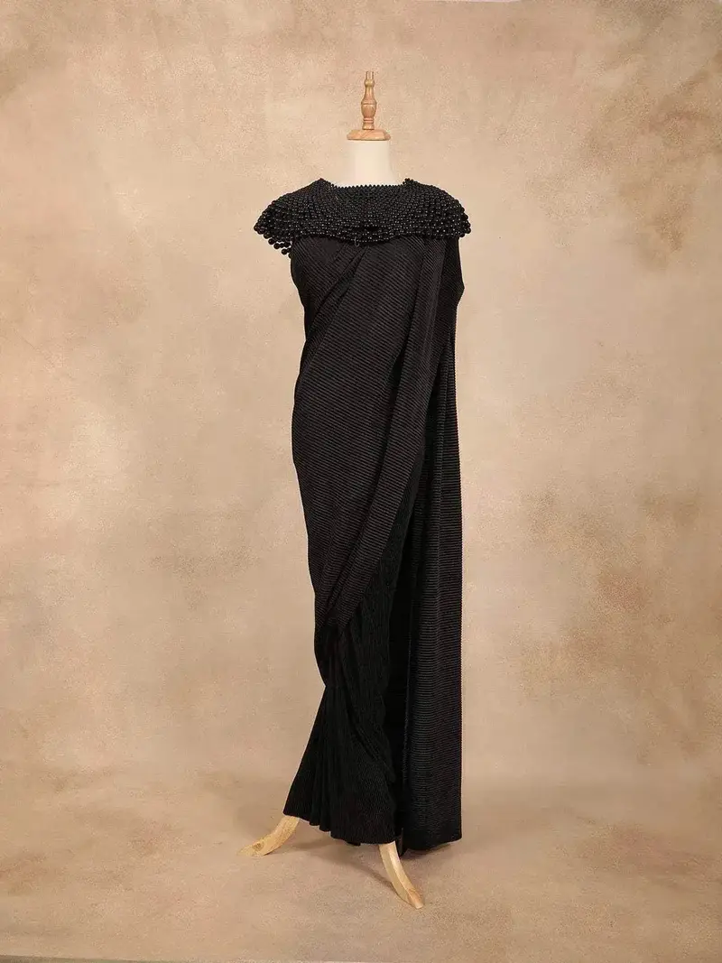 Black Satin Ready To Wear Saree With Crush Plain Body Paired With Designer Blouse 1