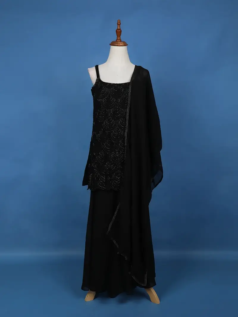 Black Scallop Beaded Embroidery Georgette Palazzo Suit 1