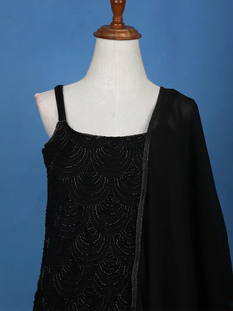 Black Scallop Beaded Embroidery Georgette Palazzo Suit 2