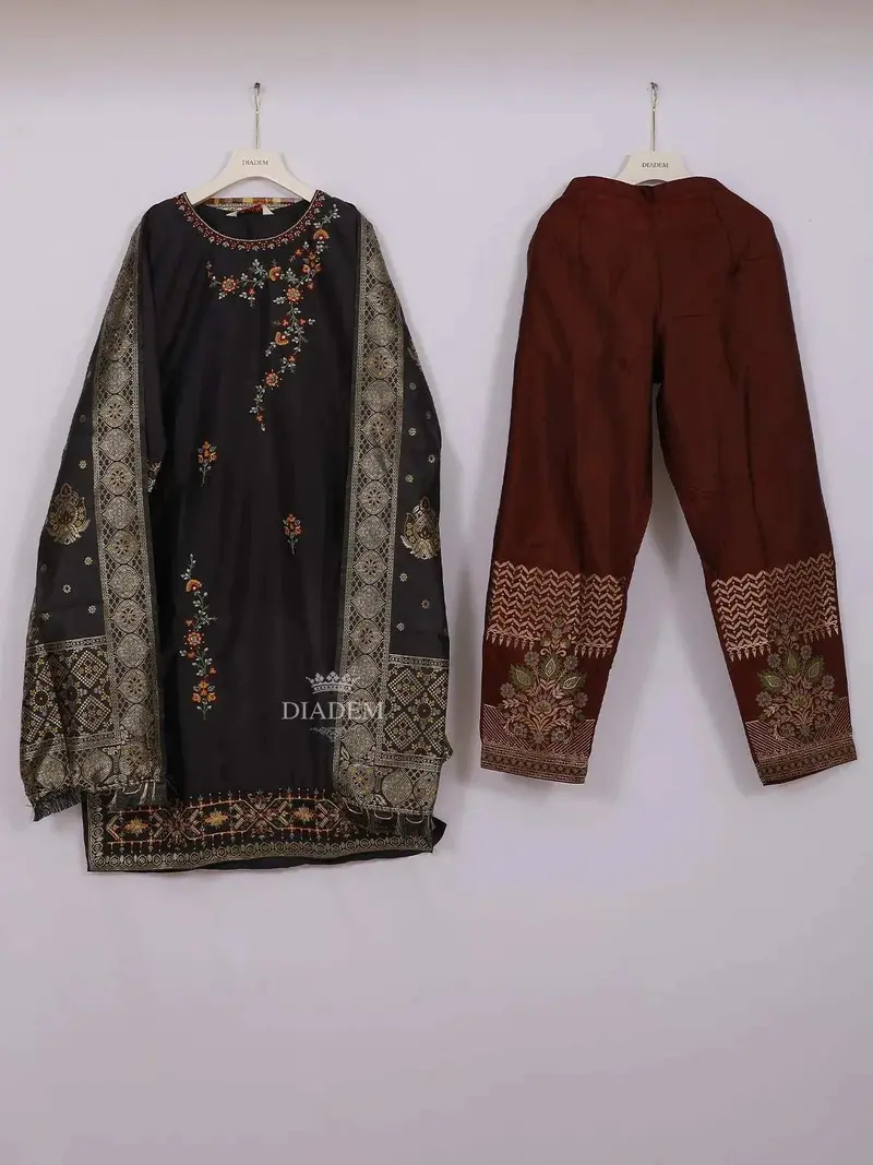 Black Semi Banarasi Straight Cut Salwar Suit Adorned With Floral Embroidery Paired With Dupatta 1