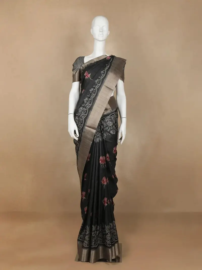 Black Semi Tussar Silk Floral Designed Saree 1