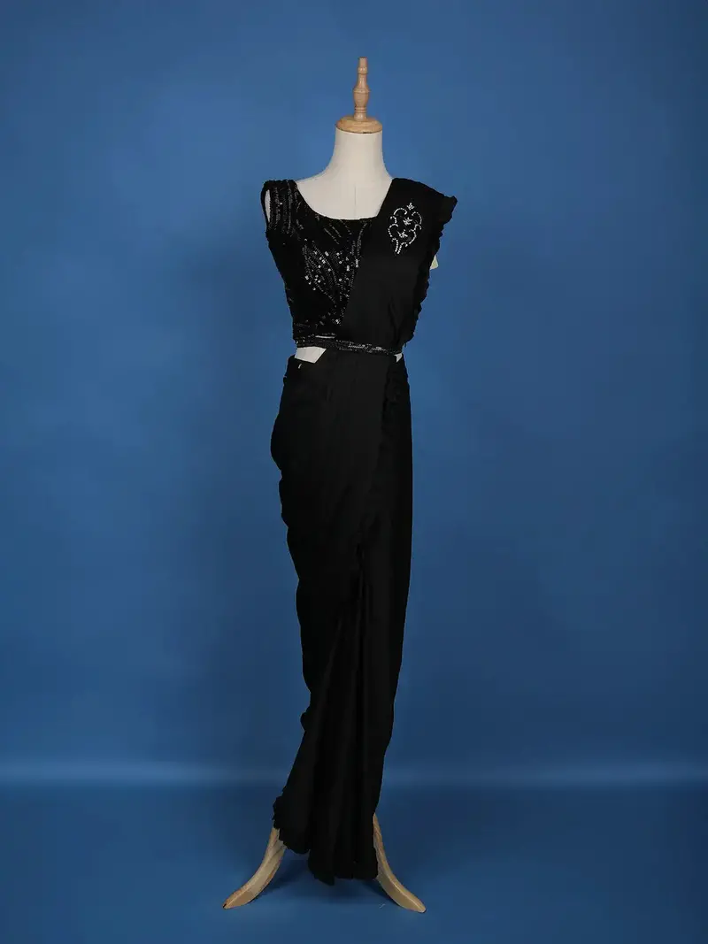 Black Sequin Designs Shimmer Ready To Wear Saree With Designer Blouse 1