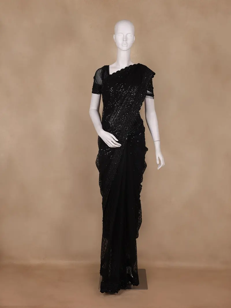 Black Sequin Embellished Design Net Saree 1