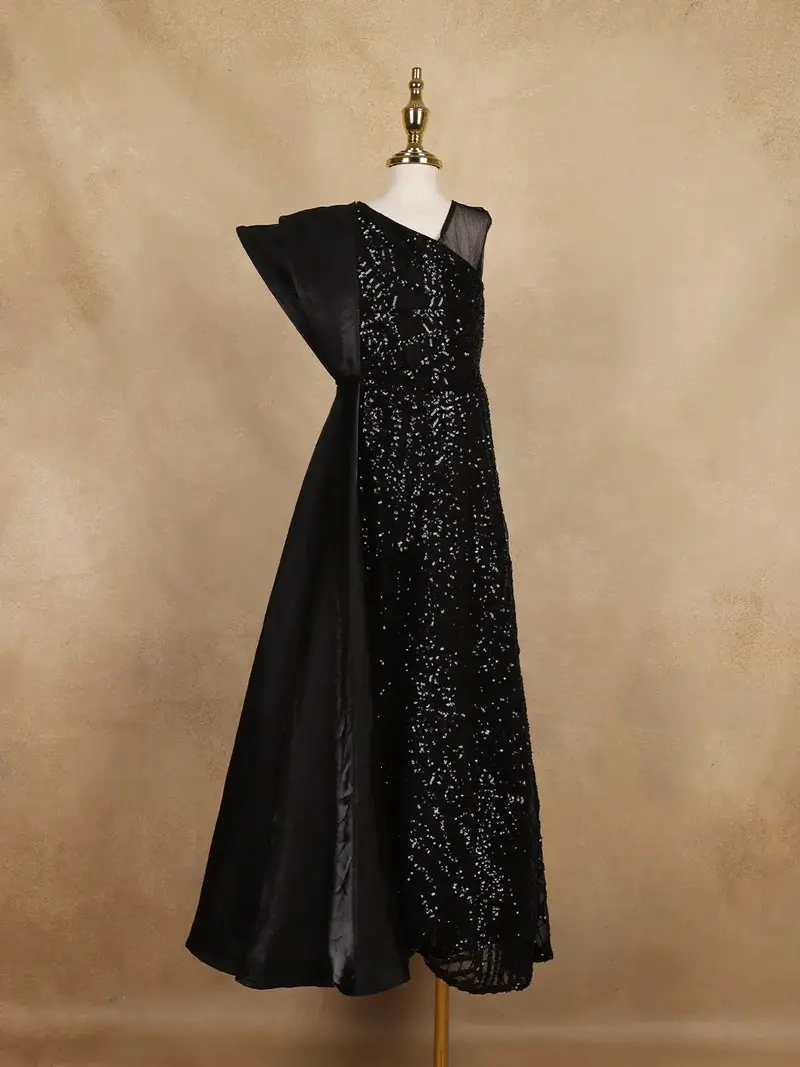 Black Sequin Embellished One-Shoulder Net And Satin Kids Gown With Attached Drape 1
