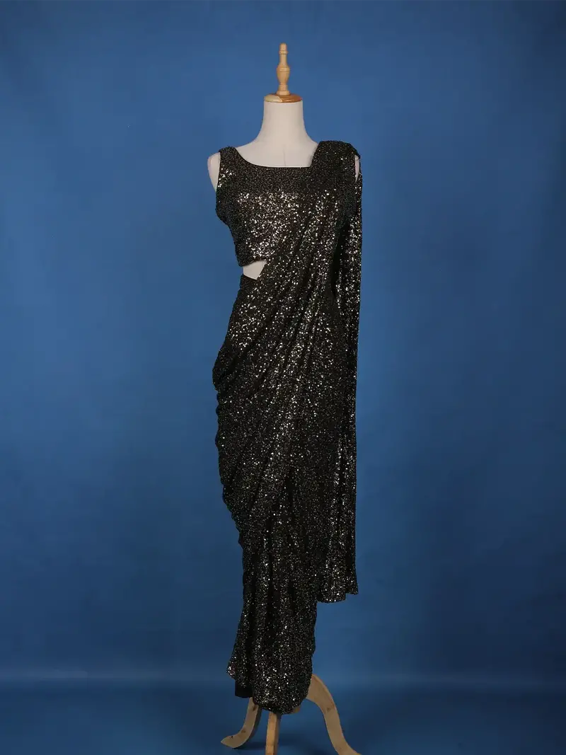 Black Sequin Embellished Pre-Draped Georgette Saree With Sleeveless Blouse 1